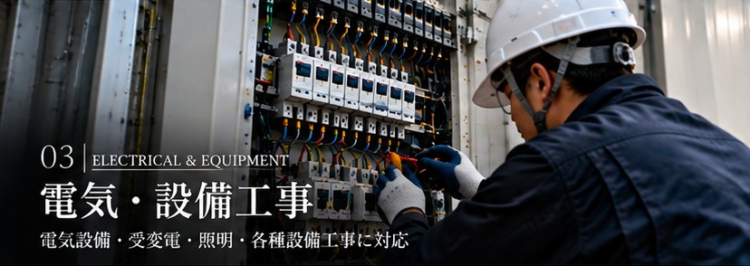 03 電気・設備工事　電気設備・受変電・照明・各種設備工事に対応